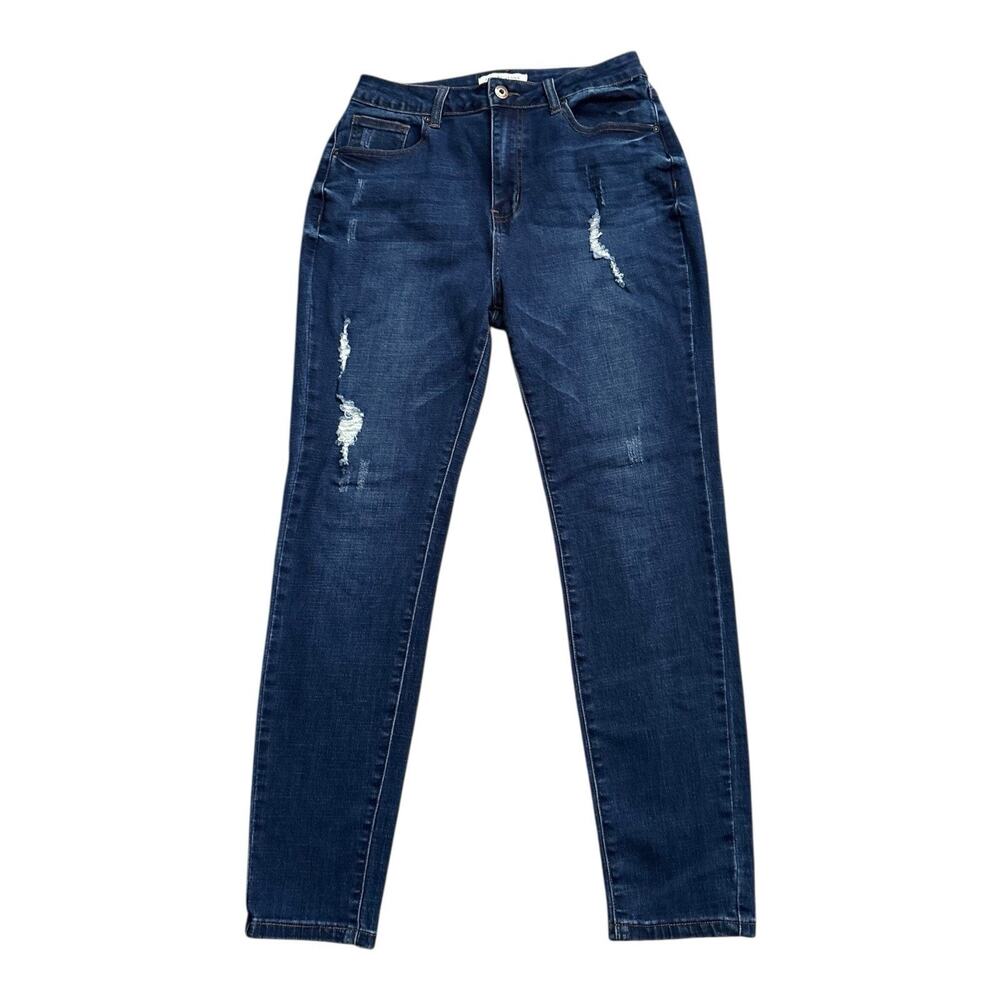 Encore Jeans Womens Size 13 Skinny Jeans Distressed Dark Wash Blue Stretch Denim